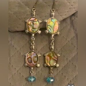 Long abalone earrings with blue Crystal dangle!